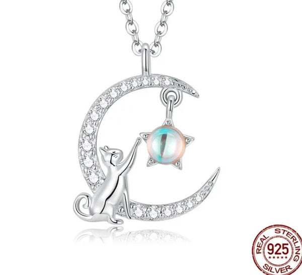 WOSTU 925 Sterling Silver Cute Cat Rabbit Necklace Star Zircon Moon Pendant Necklace Women Fine Jewelry Gifts Adjustable CQN486 plata vip