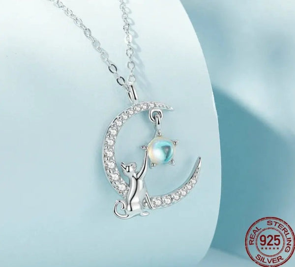 WOSTU 925 Sterling Silver Cute Cat Rabbit Necklace Star Zircon Moon Pendant Necklace Women Fine Jewelry Gifts Adjustable CQN486 plata vip