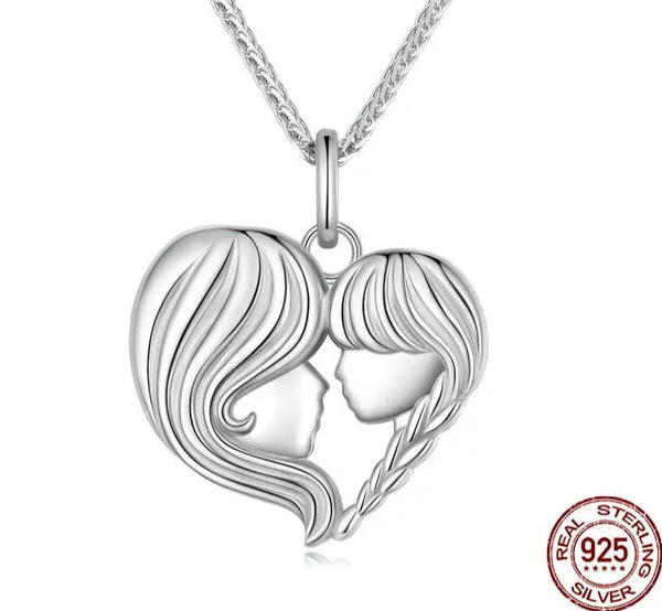 WOSTU 925 Sterling Silver Mother Baby Heart Charm Necklace For Women Lovely Heart-shaped Red Zircon Chain Necklaces Gift For mom plata vip