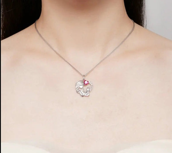 WOSTU 925 Sterling Silver Mother Baby Heart Charm Necklace For Women Lovely Heart-shaped Red Zircon Chain Necklaces Gift For mom plata vip