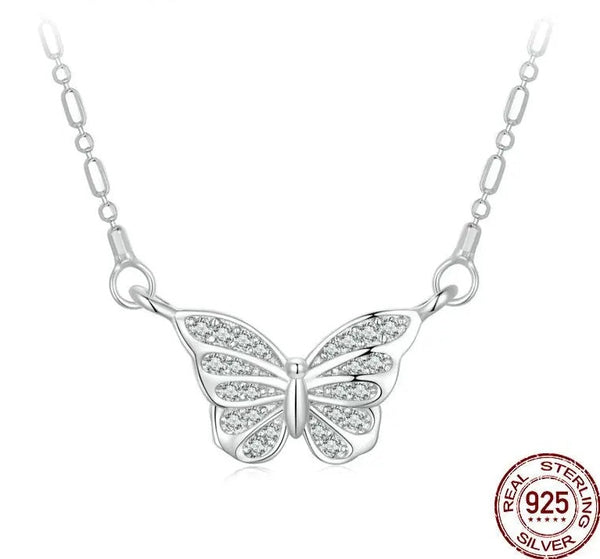 WOSTU 925 Sterling Silver Simple Butterfly Pendant Necklace Lady Engagement Accessories with CZ Stackable Links Jewelry Gift plata vip