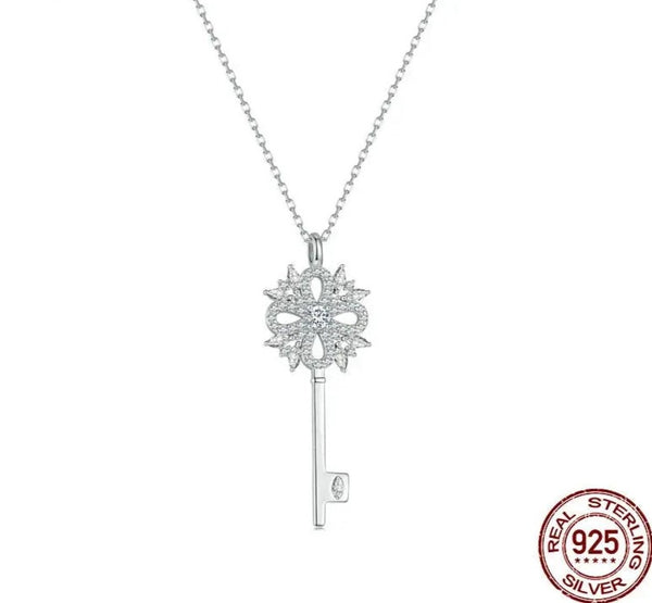 WOSTU Real 925 Sterling Silver Destiny Key Charm Necklace For Women Snowflake Clear Zircon Chain Necklaces Wedding Jewelry Gift plata vip